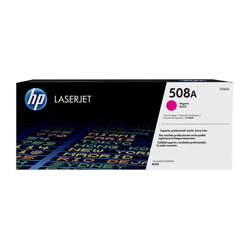 HP #508A Magenta Toner CF363A cartridge, vibrant magenta color, designed for high-quality printing.