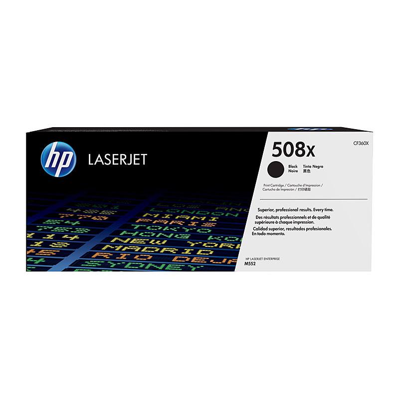 HP #508X Black Toner CF360X cartridge, designed for high-quality printing, yielding 12,500 pages, compatible with various HP Colour LaserJet printers.