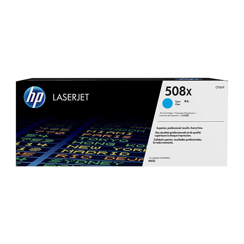 HP #508X Cyan Toner CF361X cartridge, vibrant cyan color, designed for high-quality printing.