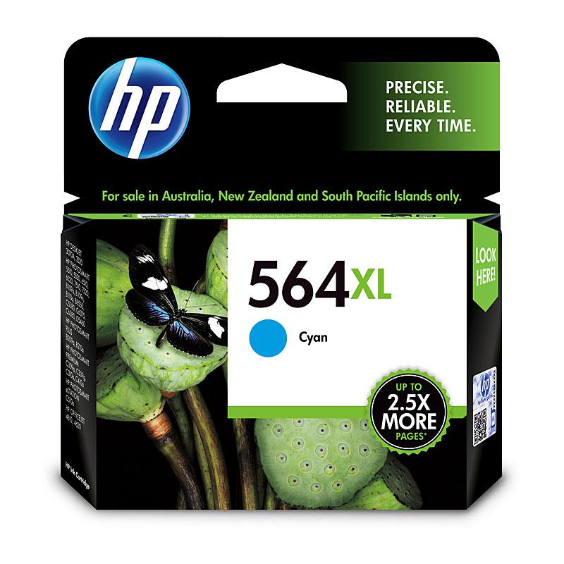 HP #564 Cyan XL Ink cartridge, designed for vibrant color printing, yielding up to 750 pages, compatible with various HP printers.