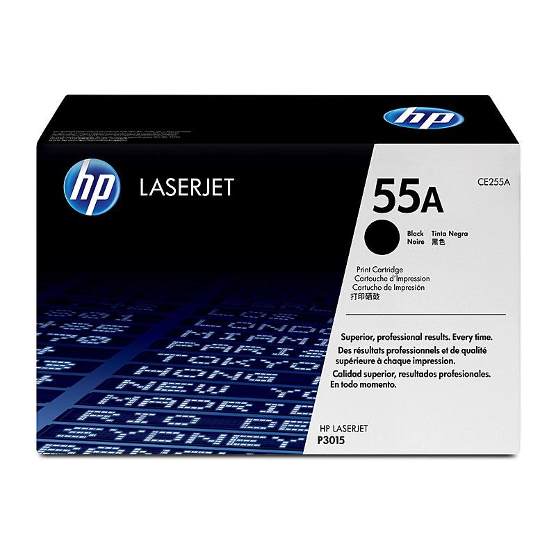 HP #55A Black Toner CE255A cartridge, designed for high-quality printing, yielding 6,000 pages, compatible with various HP printers.