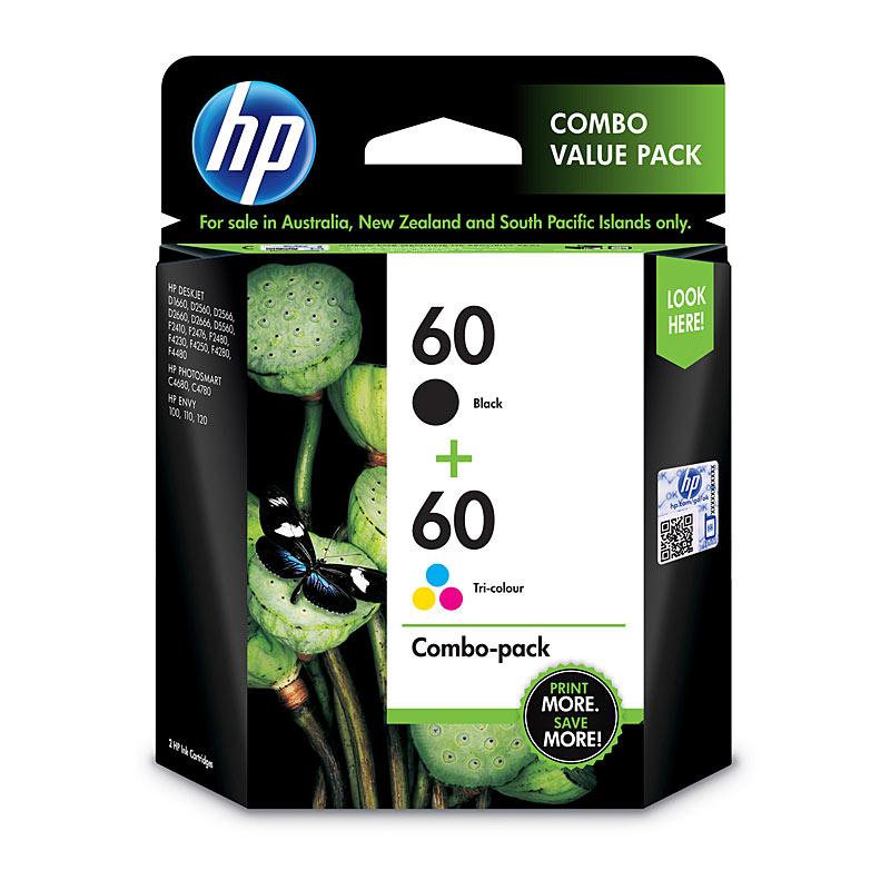 HP #60 Black & Colour Ink Pack featuring black and color cartridges, designed for high-quality printing.