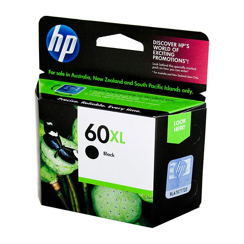 HP #60XL Black Ink CC641WA cartridge with packaging, showcasing its premium quality and compatibility with various HP printers.