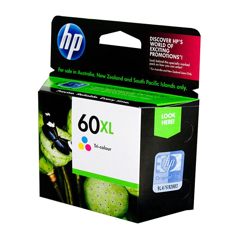 HP #60XL Tri Colour Ink CC644WA cartridge with vibrant colors and packaging, designed for high-quality printing.