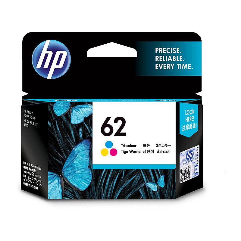 HP #62 Tri Colour Ink C2P06AA cartridge with vibrant colors, designed for high-quality printing.