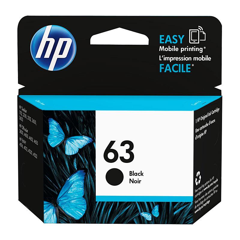 HP #63 Black Ink F6U62AA cartridge, designed for high-quality printing, compatible with various HP printers.