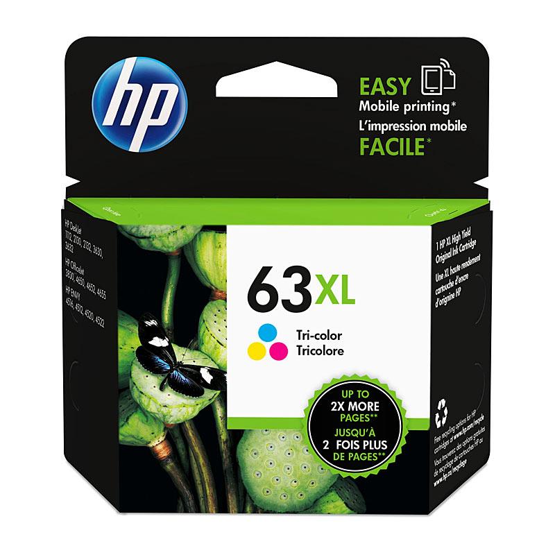 HP #63XL Tri Colour Ink cartridge, featuring vibrant colors and high yield for quality printing.