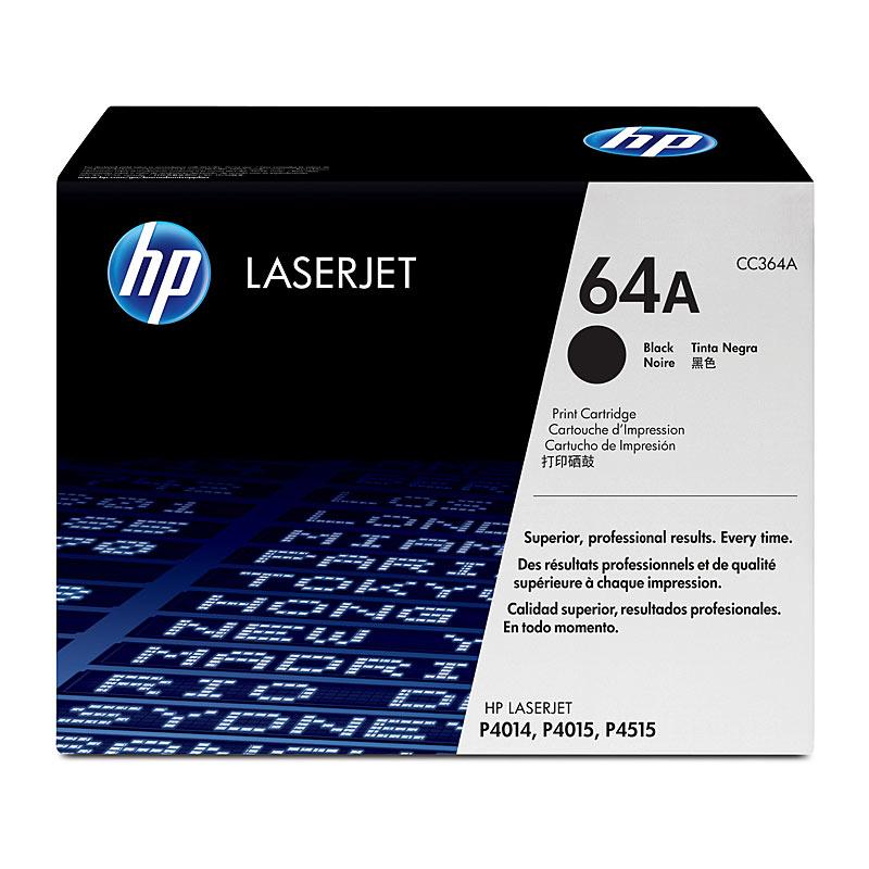 HP #64 Black Toner CC364A cartridge, designed for high-quality printing, yielding 10,000 pages, compatible with HP LaserJet printers.