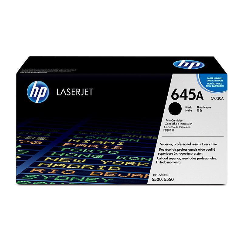 HP #645A Black Toner C9730A cartridge, designed for high-volume printing with a yield of 13,000 pages.