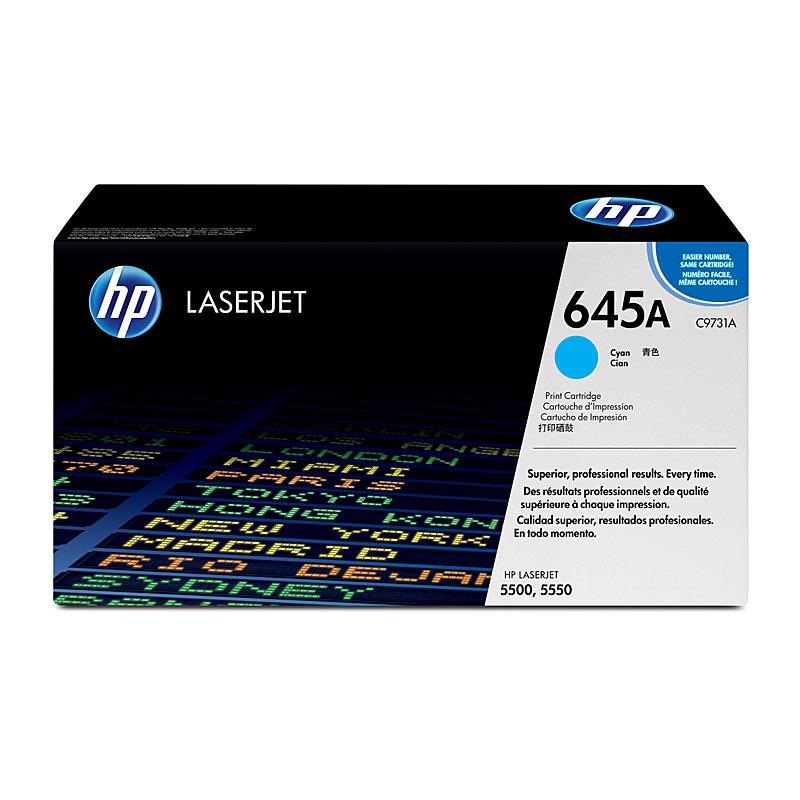 HP #645A Cyan Toner C9731A cartridge, designed for high-quality printing, yielding 12,000 pages, compatible with HP Color LaserJet 5500 and 5550.