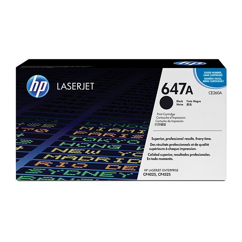 HP #647A Black Toner CE260A cartridge, designed for high-volume printing with a yield of 8,500 pages, compatible with various HP Color LaserJet printers.