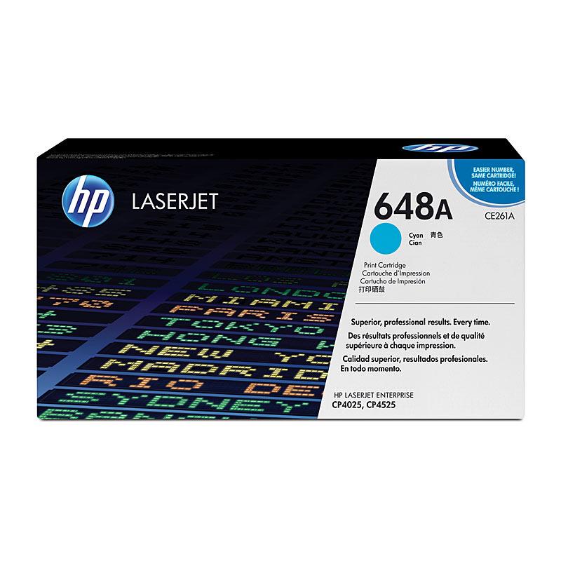 HP #648A Cyan Toner CE261A cartridge, designed for high-quality printing with vibrant cyan color.