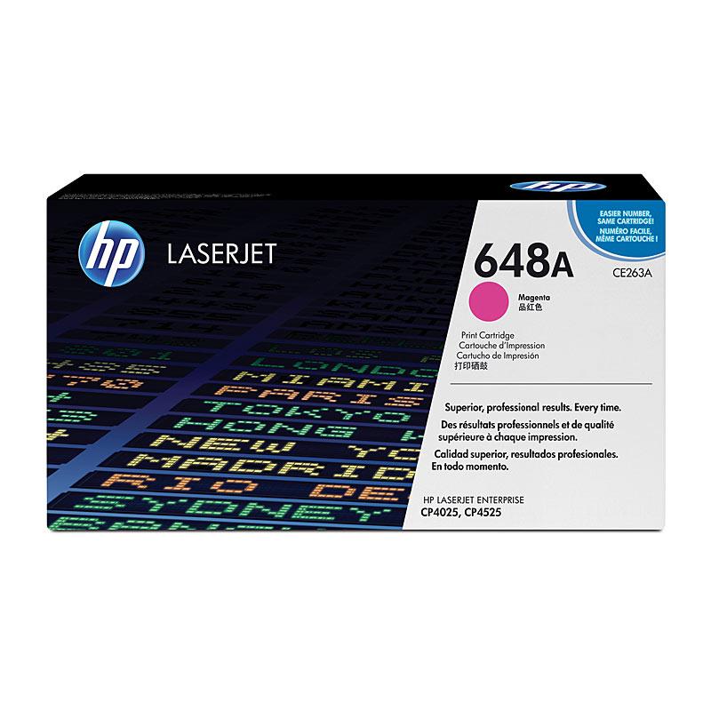 HP #648A Magenta Toner CE263A cartridge with vibrant magenta color, designed for high-quality printing.