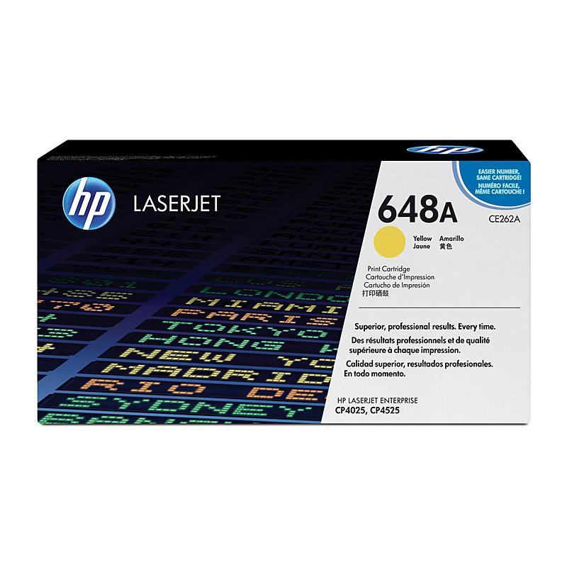 HP #648A Yellow Toner CE262A cartridge, designed for high-quality printing, yielding 11,000 pages.