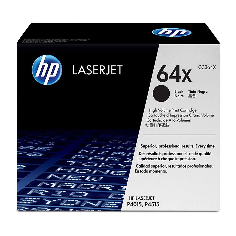 HP #64X Black Toner CC364X cartridge, designed for high-volume printing with a yield of 24,000 pages.