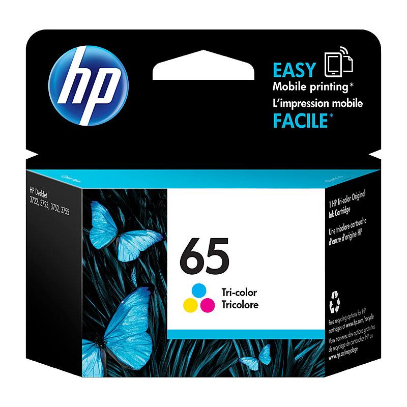 HP #65 Tri Colour Ink N9K01AA cartridge with vibrant colors for high-quality printing.