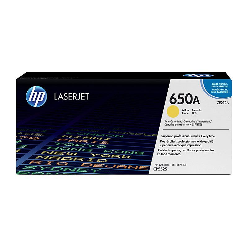 HP #650A Yellow Toner CE272A cartridge, designed for high-quality printing with a yield of 15,000 pages.