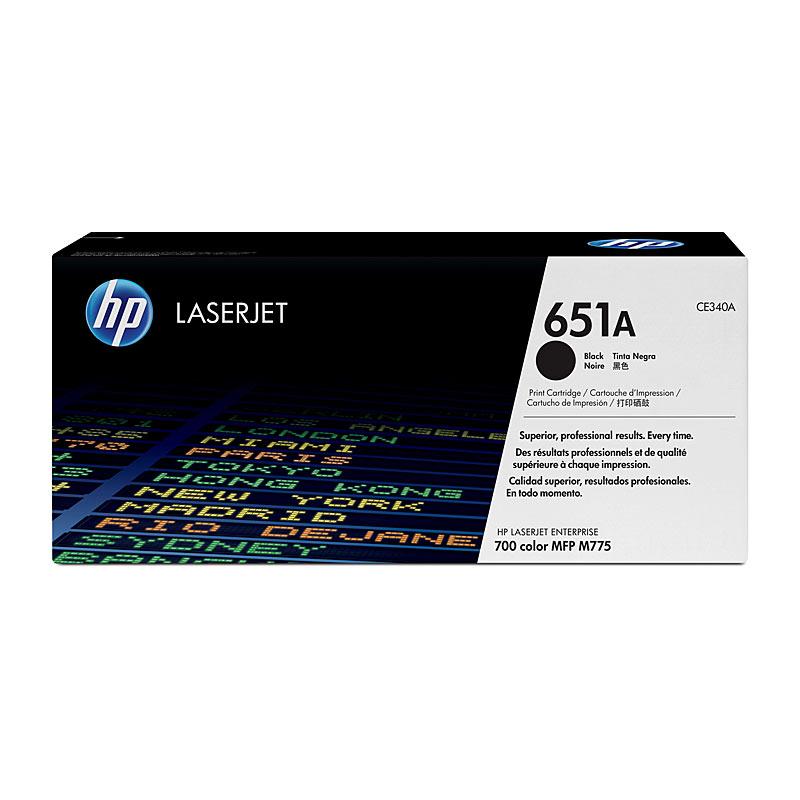 HP #651A Black Toner CE340A cartridge, designed for high-quality printing with a yield of 13,500 pages, compatible with HP LaserJet printers.