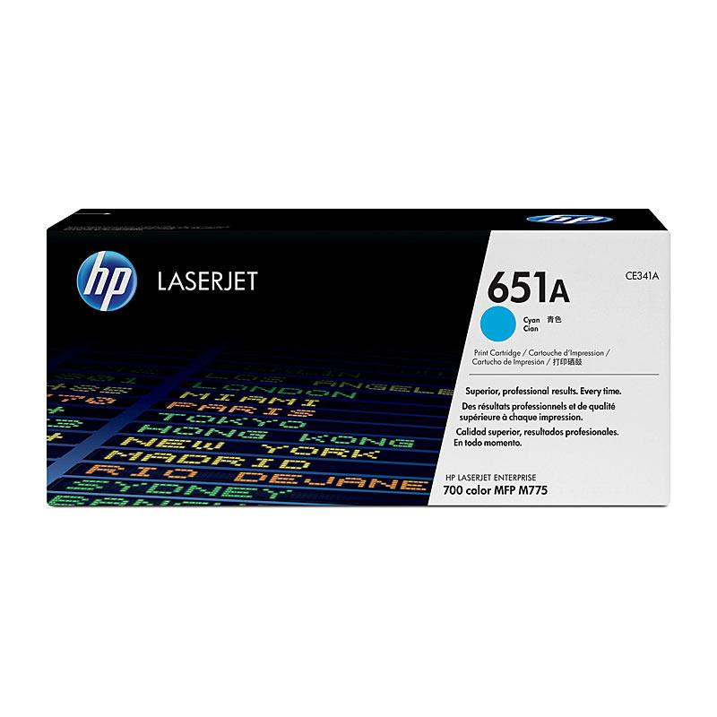 HP #651A Cyan Toner CE341A cartridge, designed for high-quality printing with a yield of 16,000 pages.