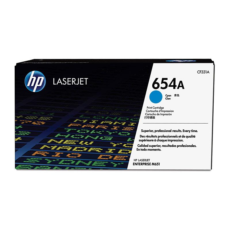 HP #654A Cyan Toner CF331A cartridge, designed for high-quality printing with a yield of 15,000 pages, compatible with HP LaserJet Enterprise M651.