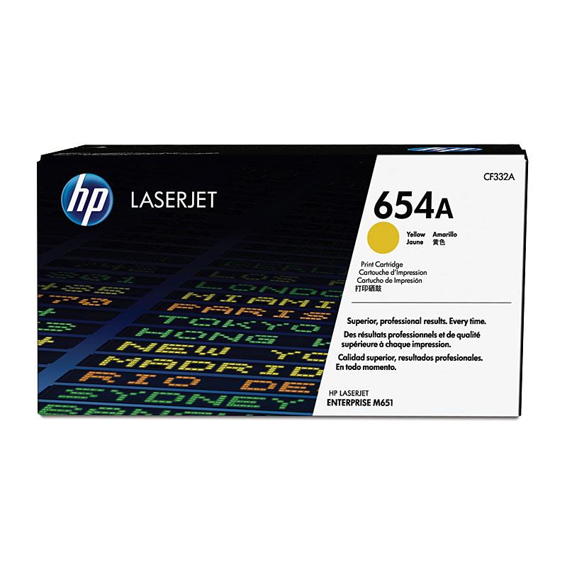 HP #654A Yellow Toner CF332A cartridge, designed for high-quality printing with a yield of 15,000 pages.