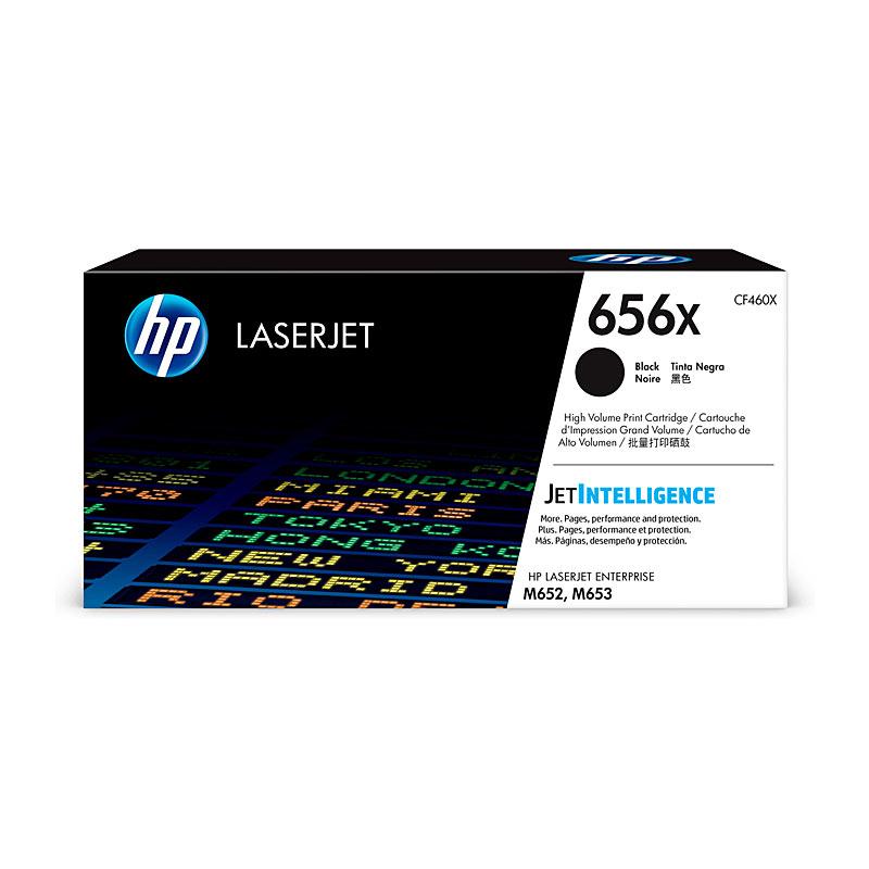 HP #656X Black Toner CF460X cartridge, designed for high-volume printing with a yield of 27,000 pages, compatible with HP LaserJet M652 and M653 printers.