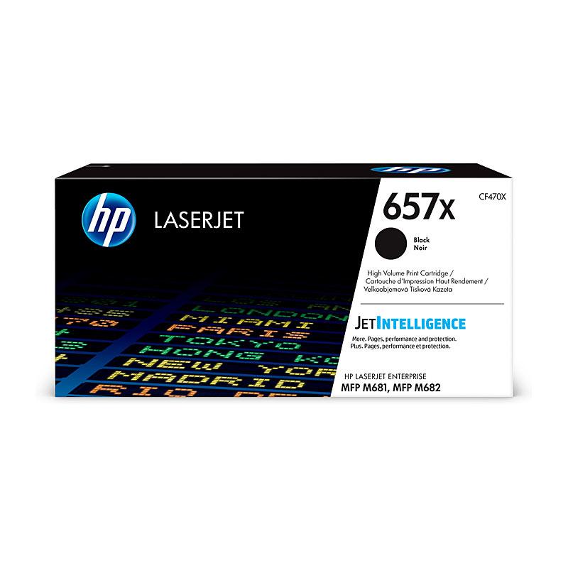 HP #657X Black Toner CF470X cartridge, designed for high-volume printing with a yield of 28,000 pages, compatible with HP LaserJet MFP M681 and M682.