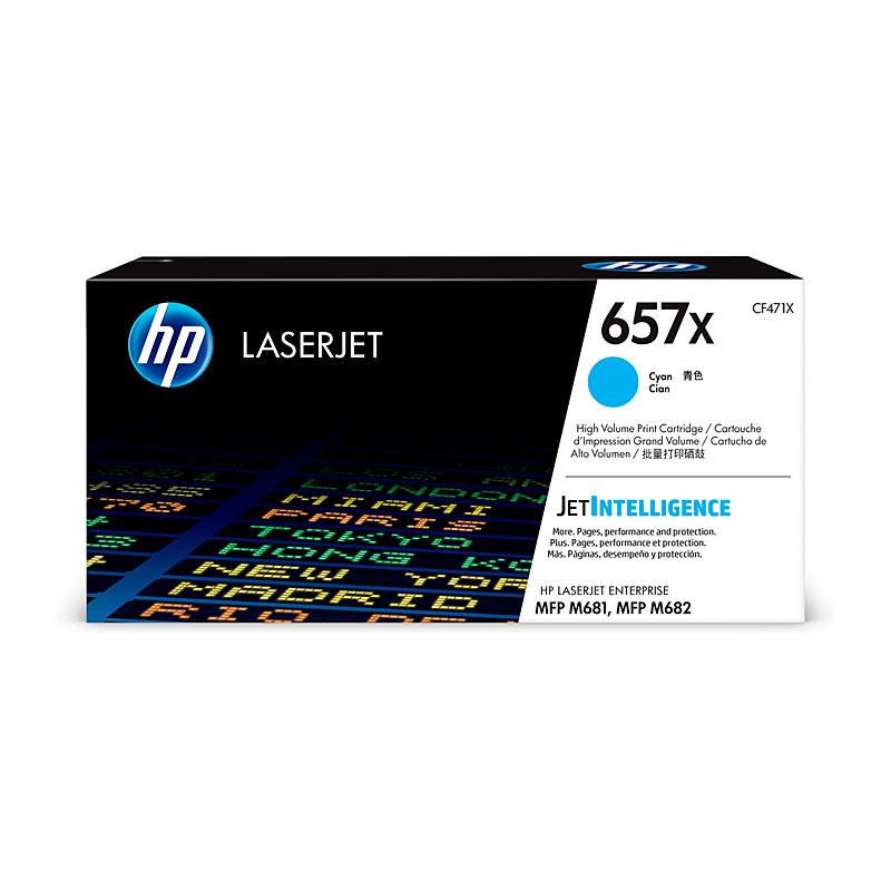 HP #657X Cyan Toner CF471X cartridge, designed for high-quality printing with a yield of 23,000 pages.