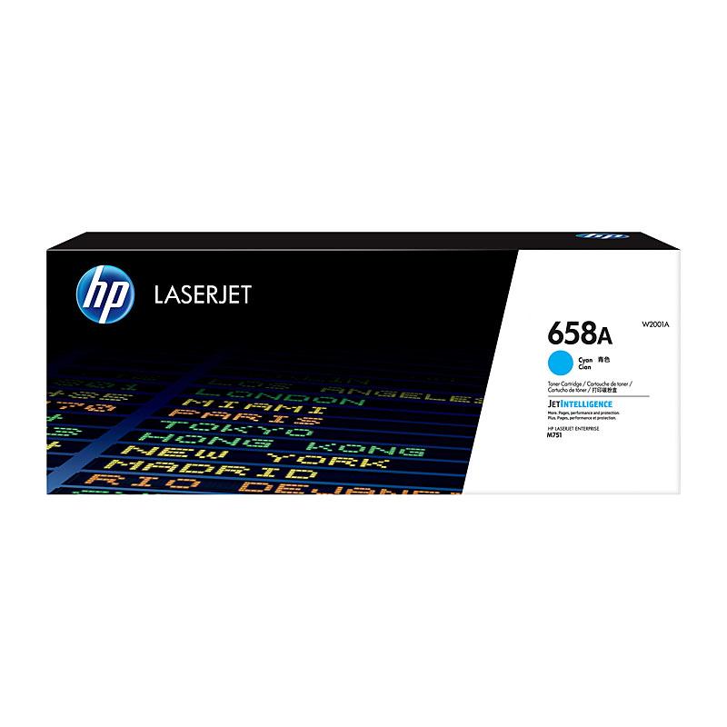 HP #658A Cyan Toner W2001A cartridge, vibrant cyan color, designed for HP Color LaserJet M751 printer.