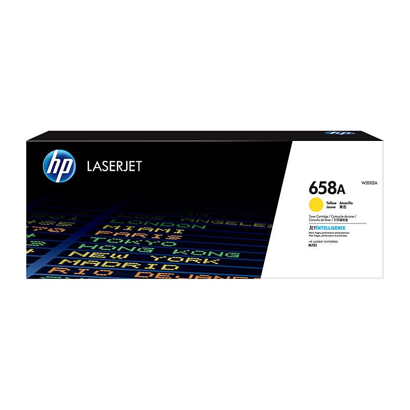 HP #658A Yellow Toner W2002A cartridge, designed for high-quality printing with a yield of 6,000 pages.