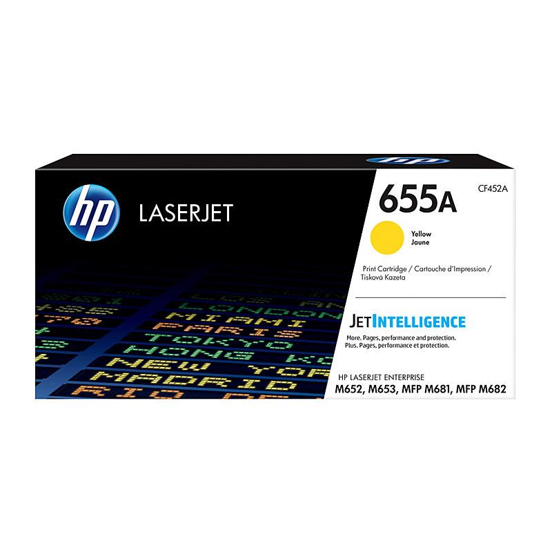 HP #655A Yellow Toner CF452A cartridge, designed for high-quality printing with a yield of 10,500 pages, compatible with various HP LaserJet printers.