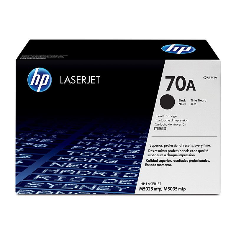 HP #70A Black Toner Q7570A cartridge, designed for high-quality printing with a yield of 15,000 pages, compatible with HP LaserJet M5025 and M5035 printers.