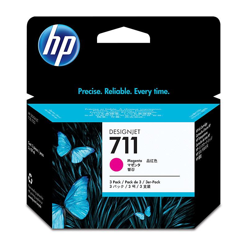 HP #711 Magenta toner cartridges in a 3 pack, designed for HP DesignJet printers, showcasing vibrant color and premium quality.