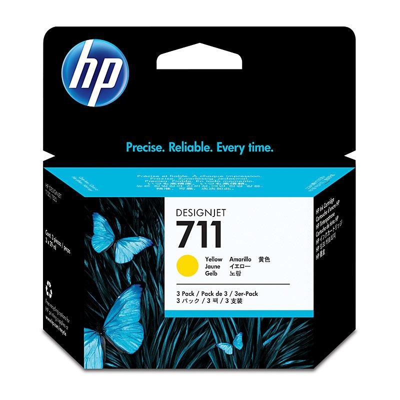 HP #711 Yellow toner cartridges in a 3-pack, designed for high-quality printing with HP DesignJet T120 and T520 printers.