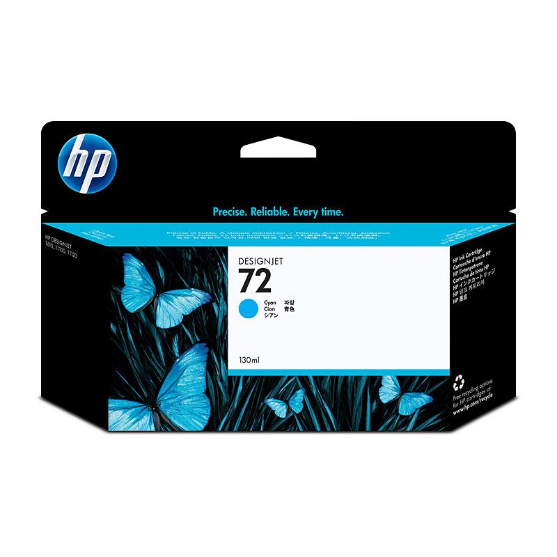 HP #72 130ml Cyan Ink C9371A cartridge, showcasing its vibrant cyan color and packaging design.