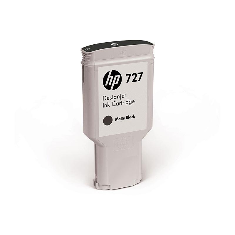 HP #727 300ml Matte Black toner cartridge with packaging, showcasing its sleek design and branding.