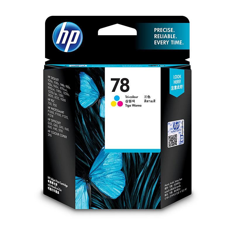 HP #78 Colour Ink C6578DA cartridge showcasing vibrant colors and sleek design, ideal for high-quality printing.