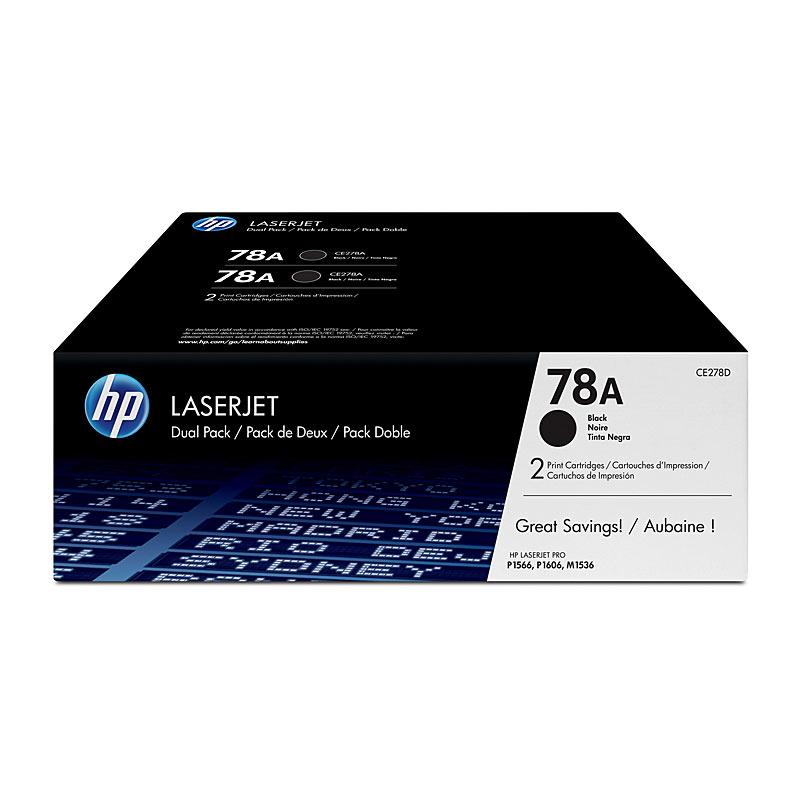 HP #78A Twin Pack CE278AD toner cartridges, featuring two black toner cartridges designed for HP LaserJet printers, showcasing their sleek design and packaging.