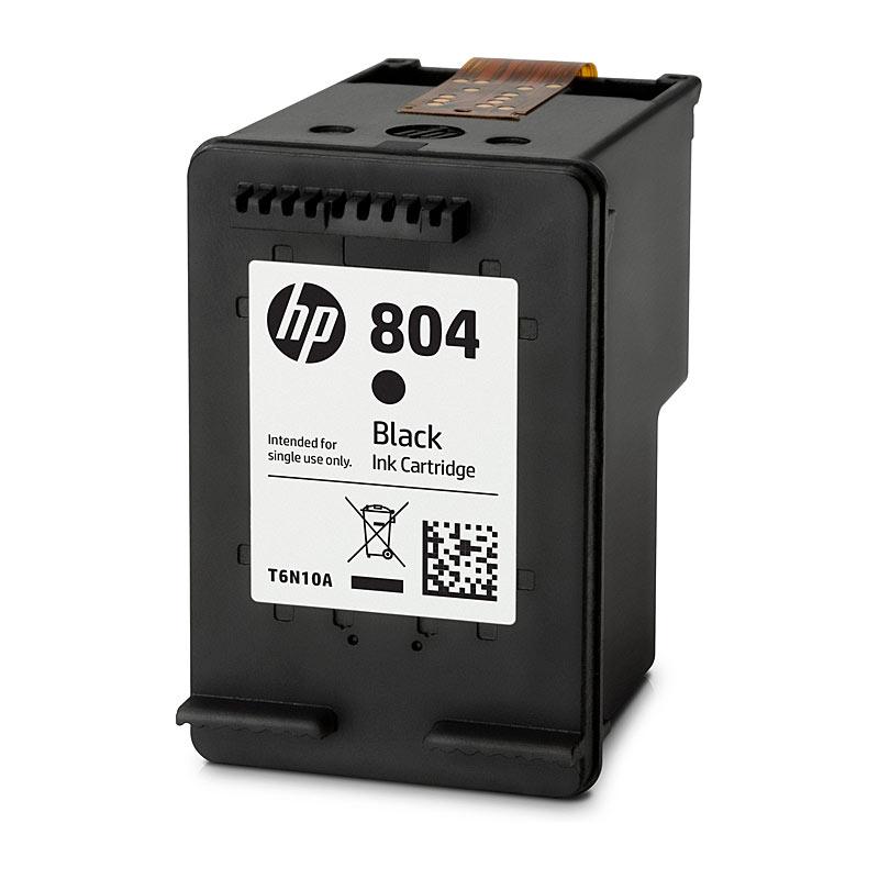 HP #804 Black Ink T6N10AA cartridge with packaging, showcasing its sleek design and branding.