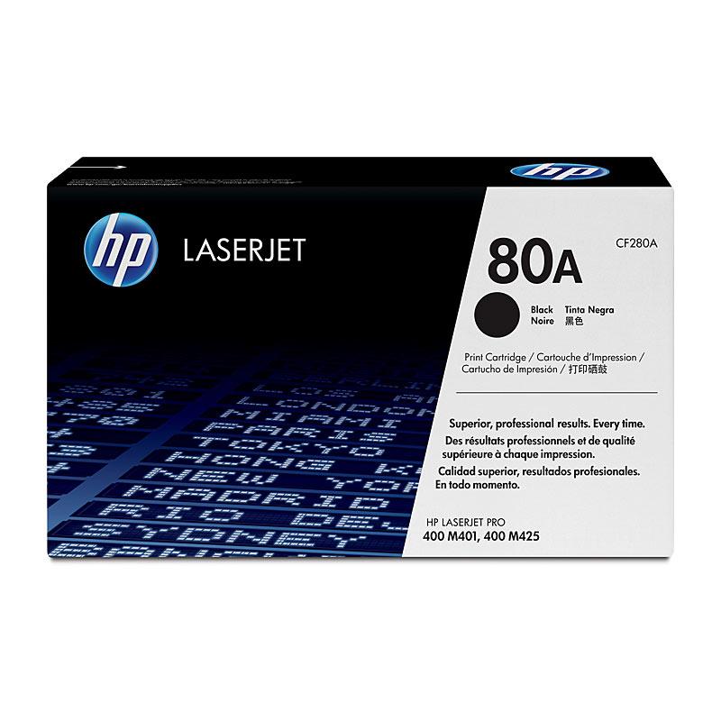 HP #80A Black Toner CF280A cartridge, designed for high-quality printing with a yield of 2,560 pages, compatible with HP LaserJet Pro 400 series printers.