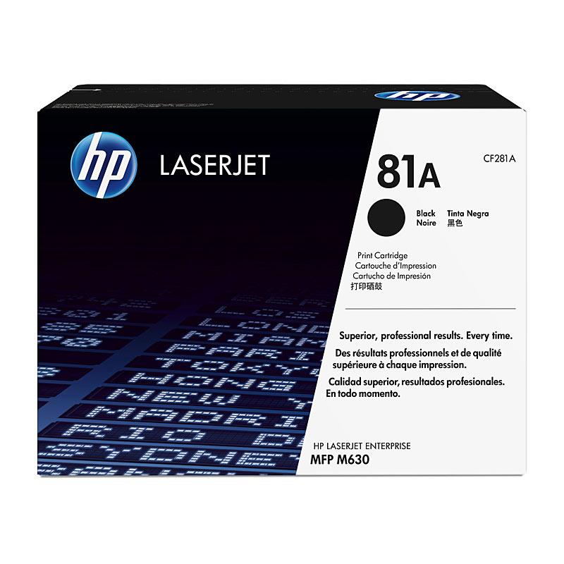 HP #81A Black Toner CF281A cartridge, designed for high-volume printing with a yield of 10,500 pages.