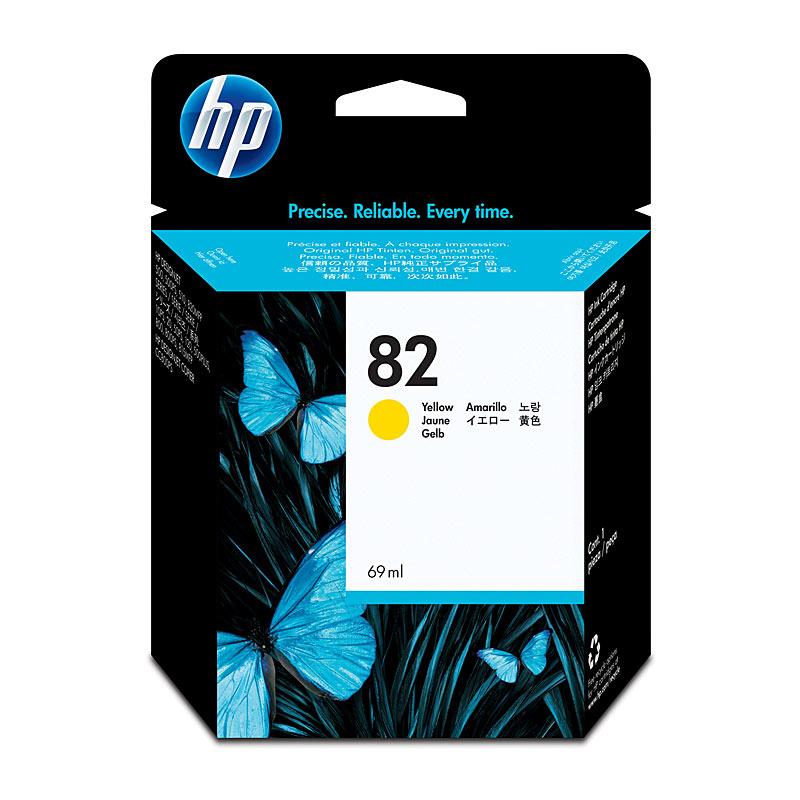 HP #82 Yellow Ink Cartridge C4913A, designed for vibrant printing with a yield of 3,200 pages, compatible with HP DesignJet printers.