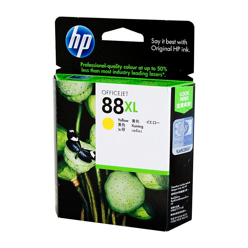 HP #88XL Yellow Ink Cartridge C9393A with packaging, showcasing its vibrant yellow color and compatibility details.