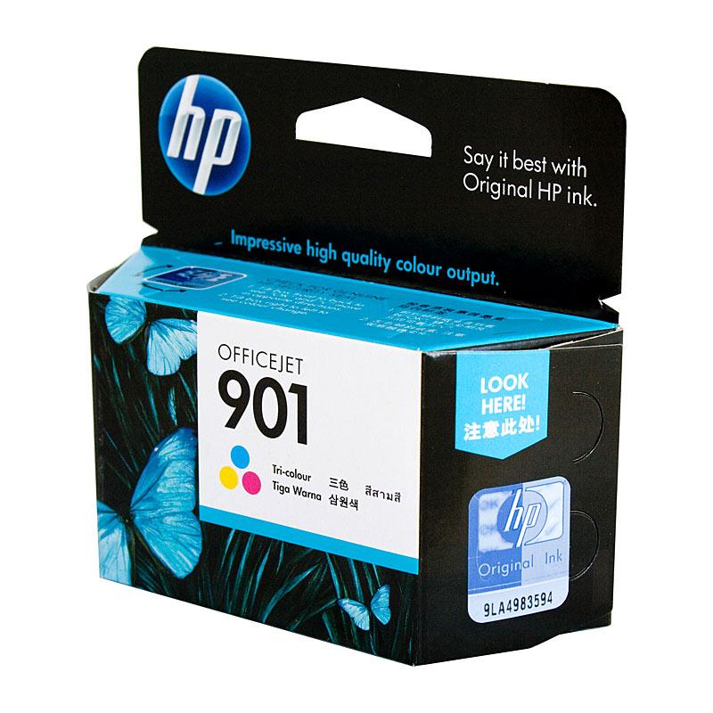 HP #901 Tri Colour Ink CC656AA cartridge with vibrant colors and packaging.