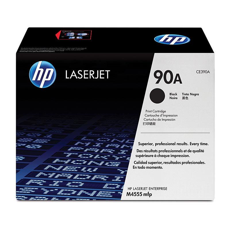 HP #90A Black Toner CE390A cartridge, designed for high-quality printing with a yield of 10,000 pages, compatible with various HP LaserJet printers.