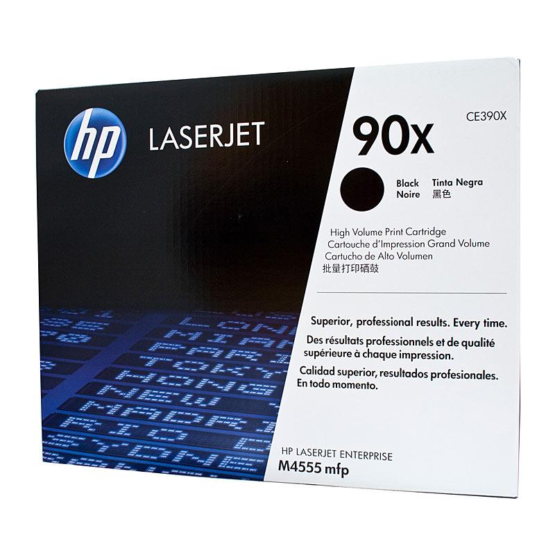 HP #90X Black Toner CE390X cartridge, designed for high-volume printing with a yield of 24,000 pages, compatible with various HP LaserJet printers.