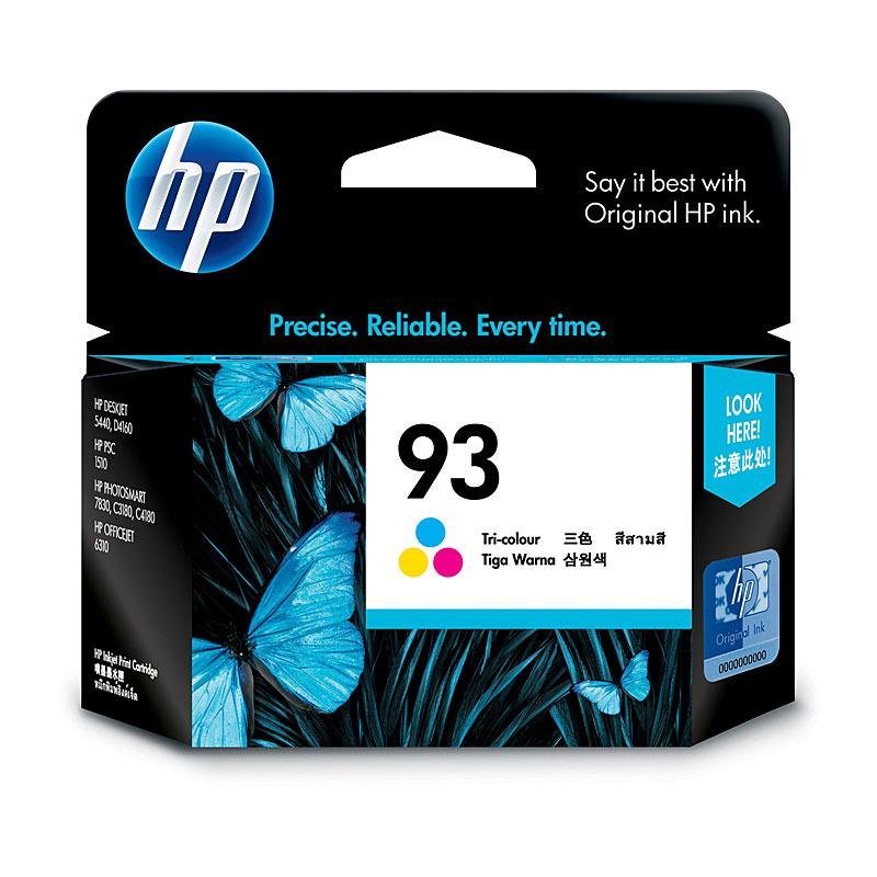 HP #93 Colour Ink Cartridge C9361WA with vibrant colors and packaging, designed for various HP printers.