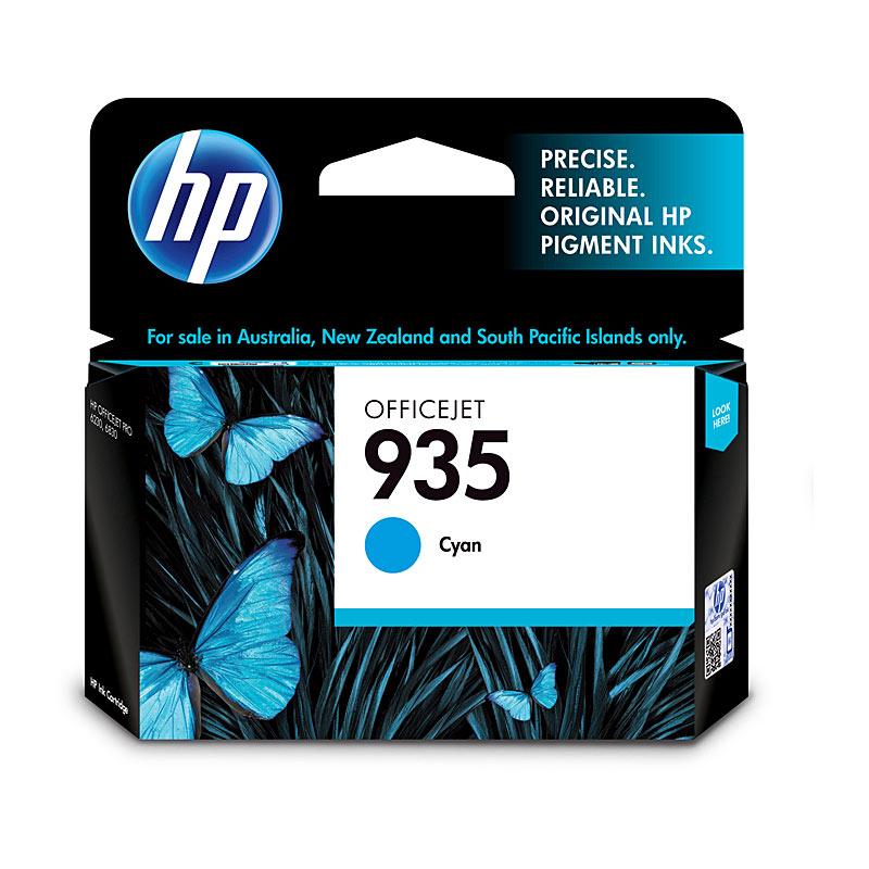 HP #935 Cyan Ink C2P20AA cartridge, vibrant cyan color, designed for HP printers, yielding up to 400 pages.