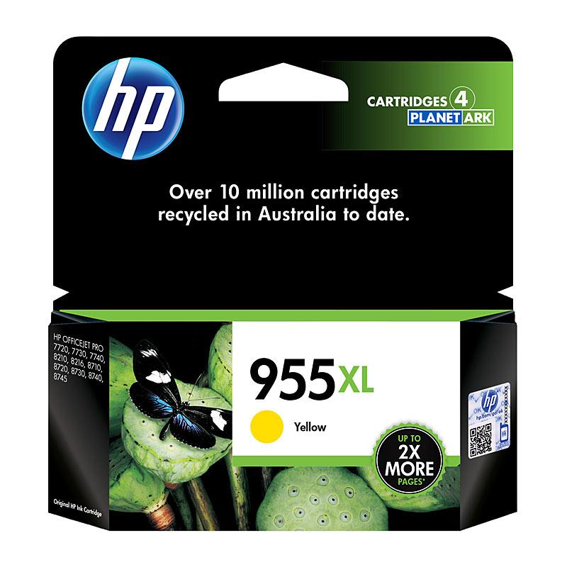 HP #955XL Yellow Ink cartridge, designed for vibrant printing, yielding up to 1,600 pages, compatible with various HP OfficeJet Pro printers.