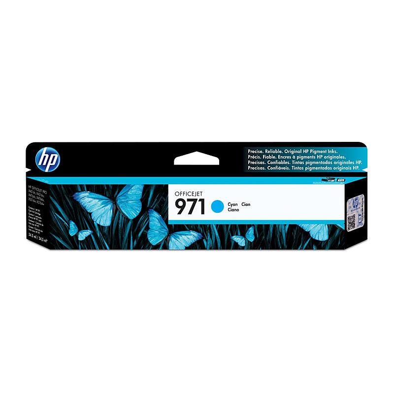 HP #971 Cyan Ink Cartridge CN622AA with vibrant cyan ink for high-quality printing.